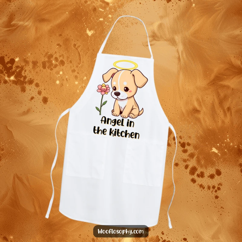 Funny Dog Apron: A dog with a halo gently admires a blooming flower, symbolizing pure and thoughtful appreciation.
