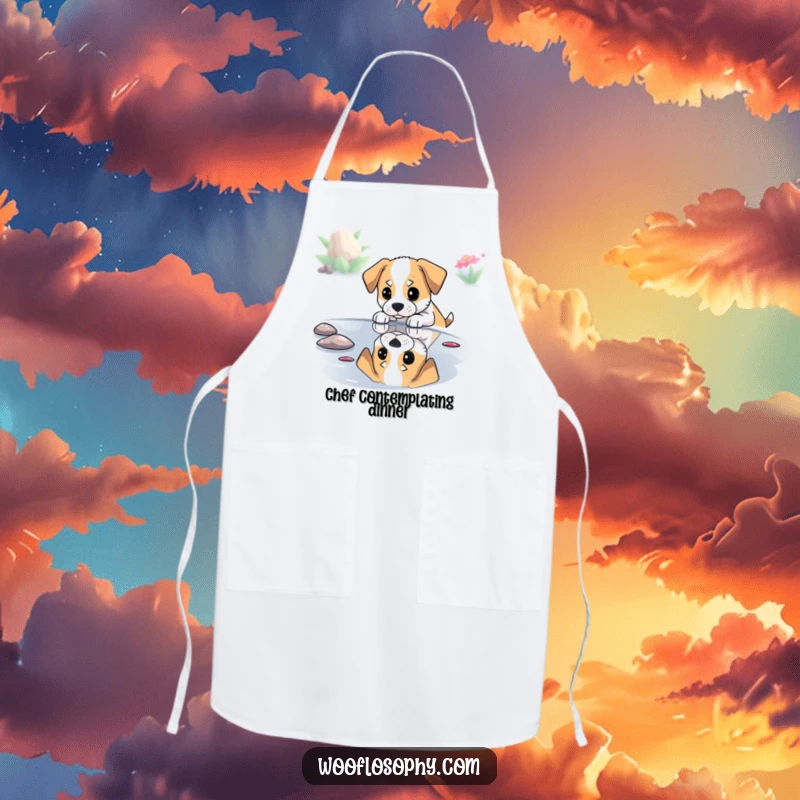 Funny dog thoughtfully observing its reflection in a pond, wearing a humorous apron for cooking and contemplation.