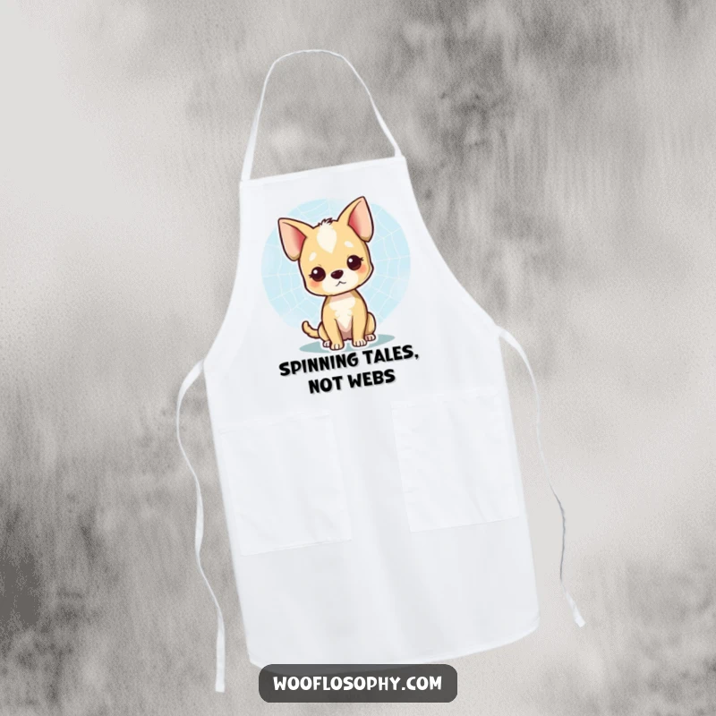 Funny apron with a dog character admiring a spiderweb, bringing artistic humor to the kitchen, a great funny gift.