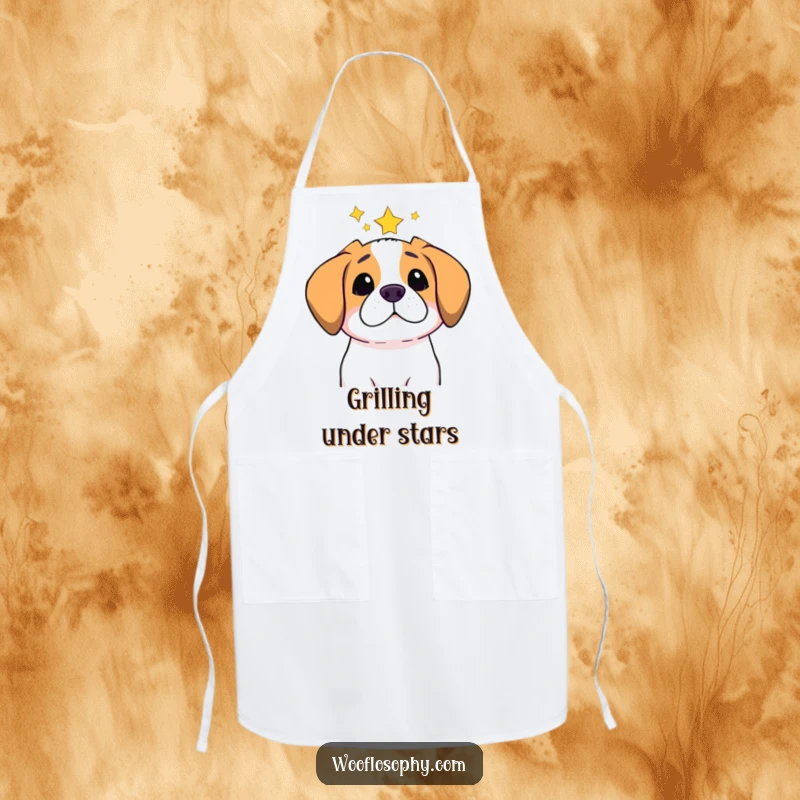 Funny apron showing a dog gazing at stars, perfect for kitchen contemplation and humorous cosmic culinary adventures.
