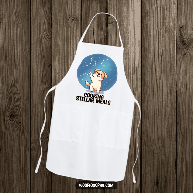 Funny dog wearing an apron, pointing at the starry night sky, a humorous kitchen accessory.
