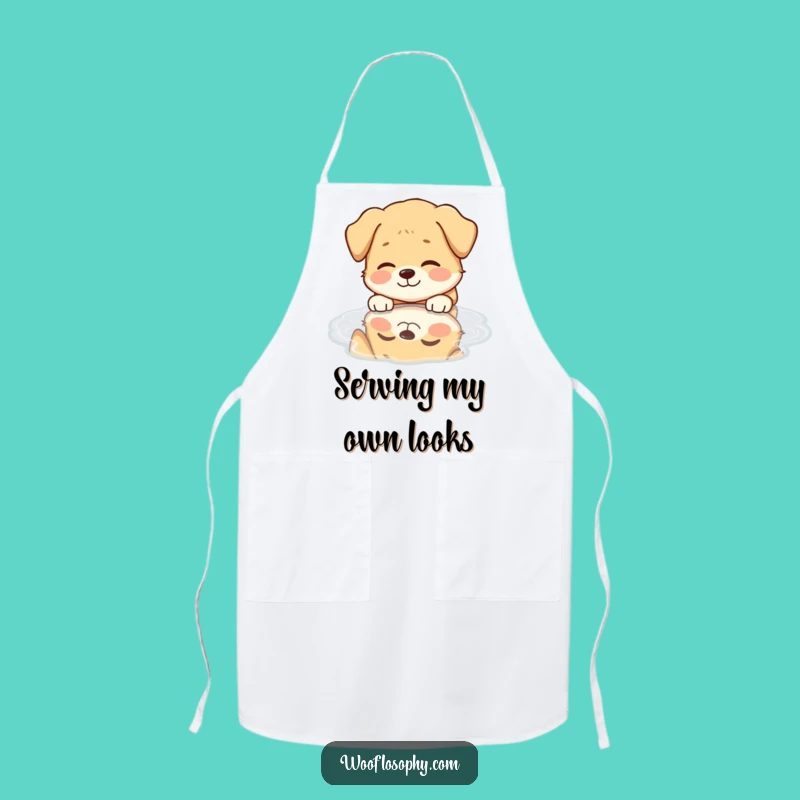 Funny Dog Puddle Reflection Apron: Chef Pup's Serene Smile, a Humorous Kitchen Companion