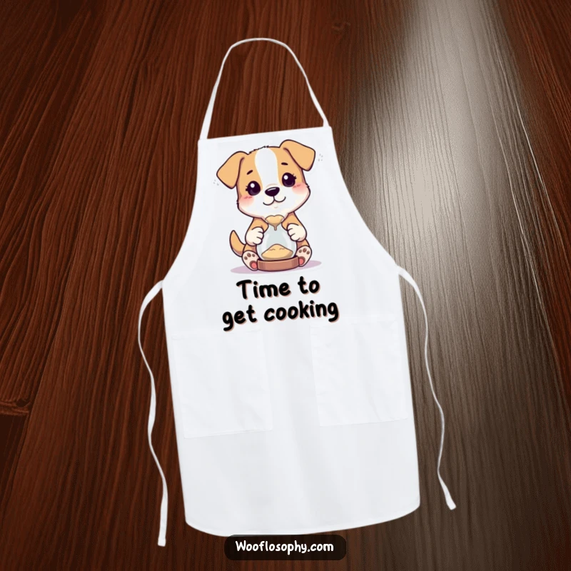 Funny apron with a curious dog character holding a tiny hourglass and watching the sand flow, perfect for cooking.