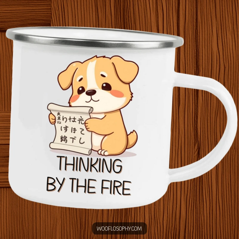 Funny dog camping mug showing a dog with a scroll scratching its head, lost in philosophical thought.