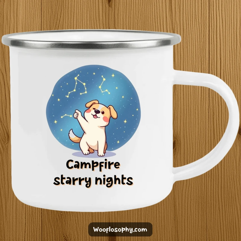 Funny dog pointing at the night sky with stars, a humorous enamel camping mug for explorers.