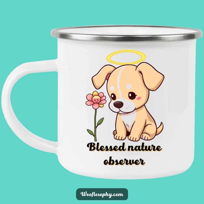 Funny Angel Dog Camping Mug: Heavenly Pup's Floral Peace, a Humorous Outdoor Companion