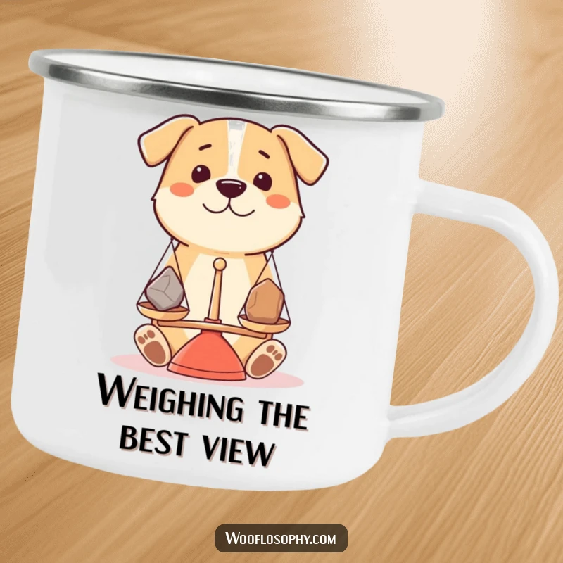 Funny dog holding a balance scale, weighing stones, in a camping mug, ready to explore.