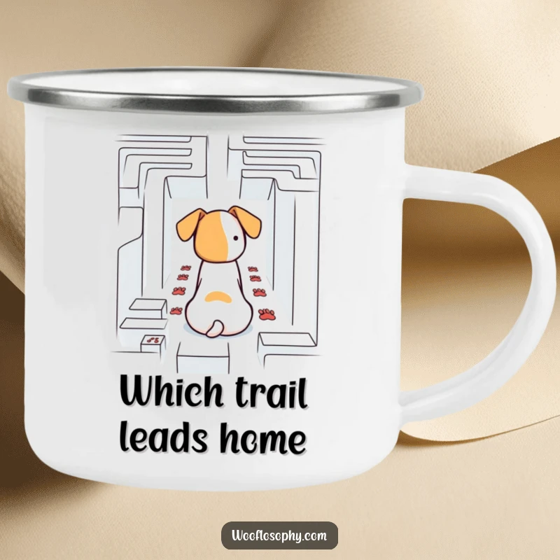 Funny dog contemplating a maze in a camping mug, ready for exploration.