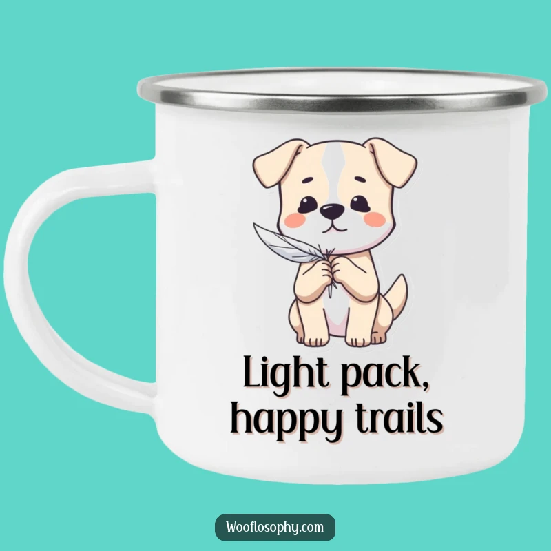 Funny Dog Feather Camping Mug: Lighthearted Pup's Outdoor Peace, a Humorous Adventure Companion