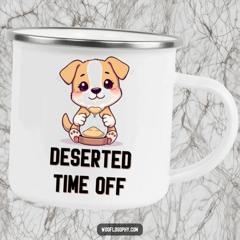 Funny camping mug with a curious dog character holding a tiny hourglass and watching the sand flow, perfect for outdoor use.