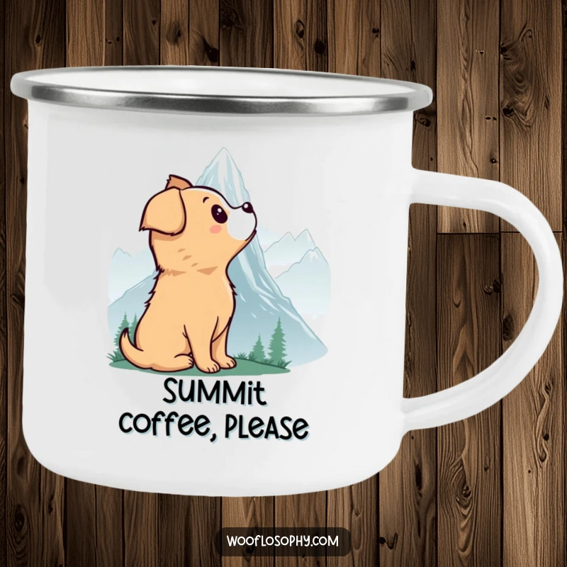 Funny camping mug showing a dog in awe of a misty mountain, perfect for outdoor adventures and hot drinks.