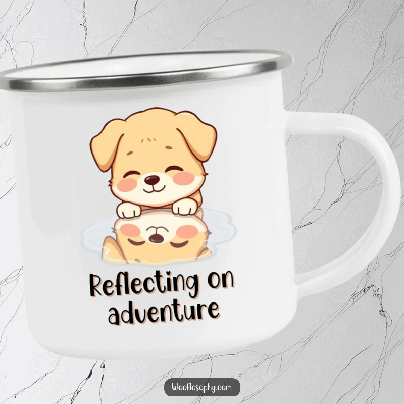 Funny Dog Camping Mug: A serene dog smiles looking at its reflection in a puddle during an outdoor adventure.