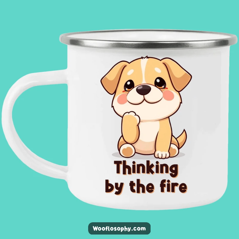 Funny Kawaii Dog Camping Mug: Pensive pup enamel cup, a durable and funny gift for thinkers.