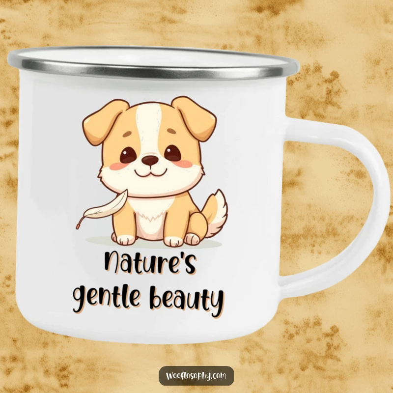 Funny Kawaii dog with a gentle smile watching a feather fall, a sturdy enamel camping mug for peaceful moments, adding humor to outdoor trips.