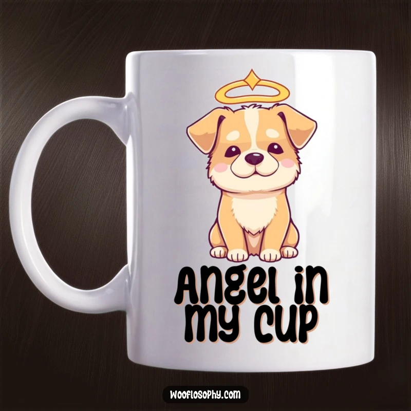 Funny angelic dog mug, a dog wearing a halo, looking serene and wise, symbolizing purity and goodness.