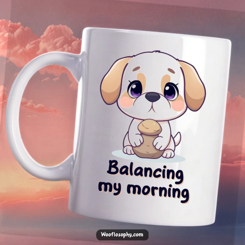 Funny dog mug featuring a dog balancing a small rock on its nose, representing patience and focus.