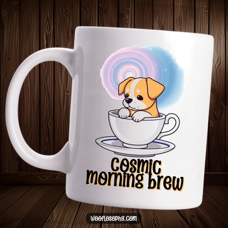 Funny cosmic dog mug, a dog contemplating a swirling galaxy within a teacup, showing deep thought.