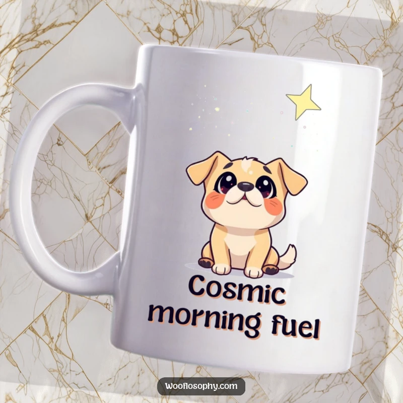 Funny mug featuring a dog character gazing up at a starry sky with wide, wondrous eyes, full of cosmic humor.