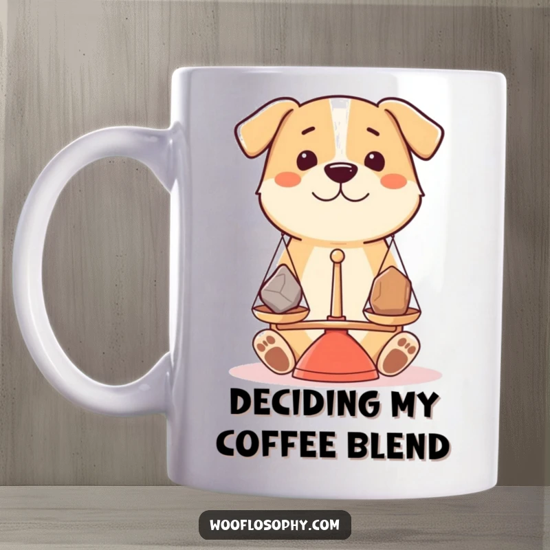 Funny dog holding a tiny balance scale, carefully weighing two different shaped stones, looking thoughtful, on a mug.