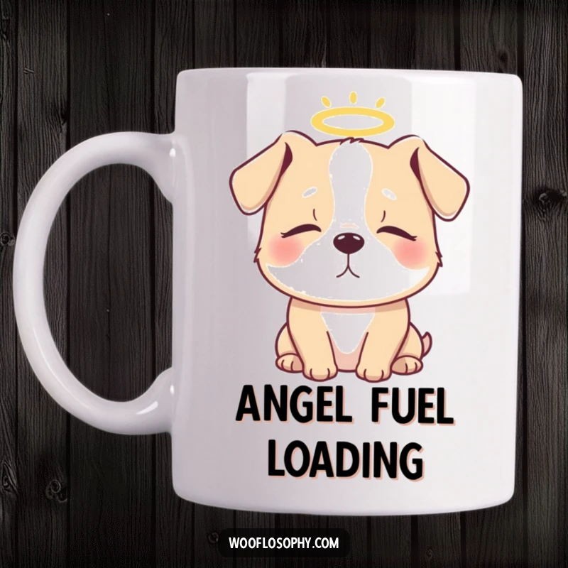 Funny mug featuring a dog with closed eyes and a small halo, symbolizing peacefulness and angelic pet behavior.