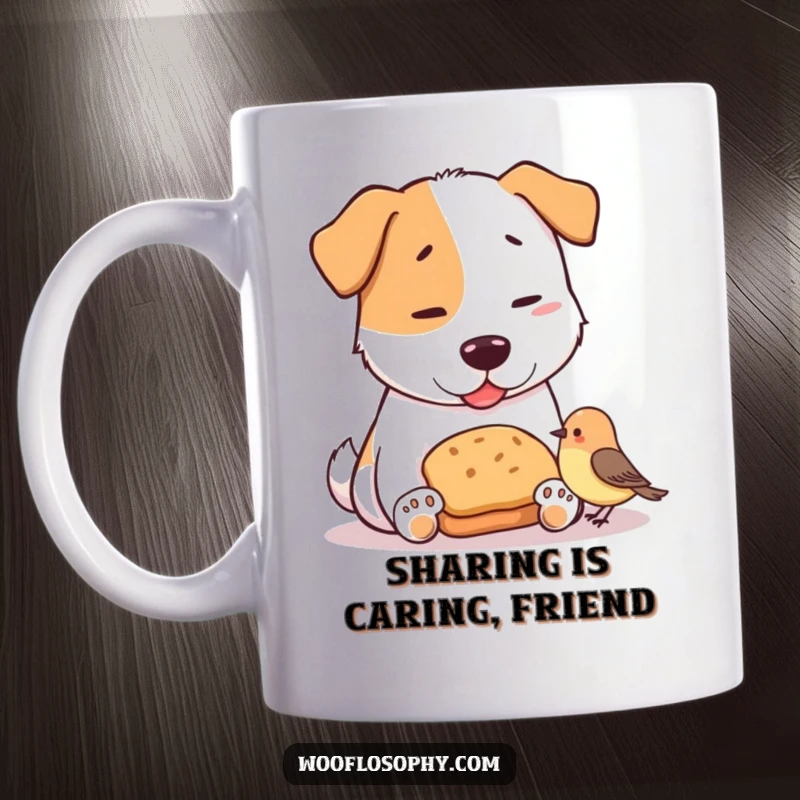 Funny mug featuring a happy dog sharing a small loaf of bread with a tiny, grateful bird, emphasizing kindness and humor.