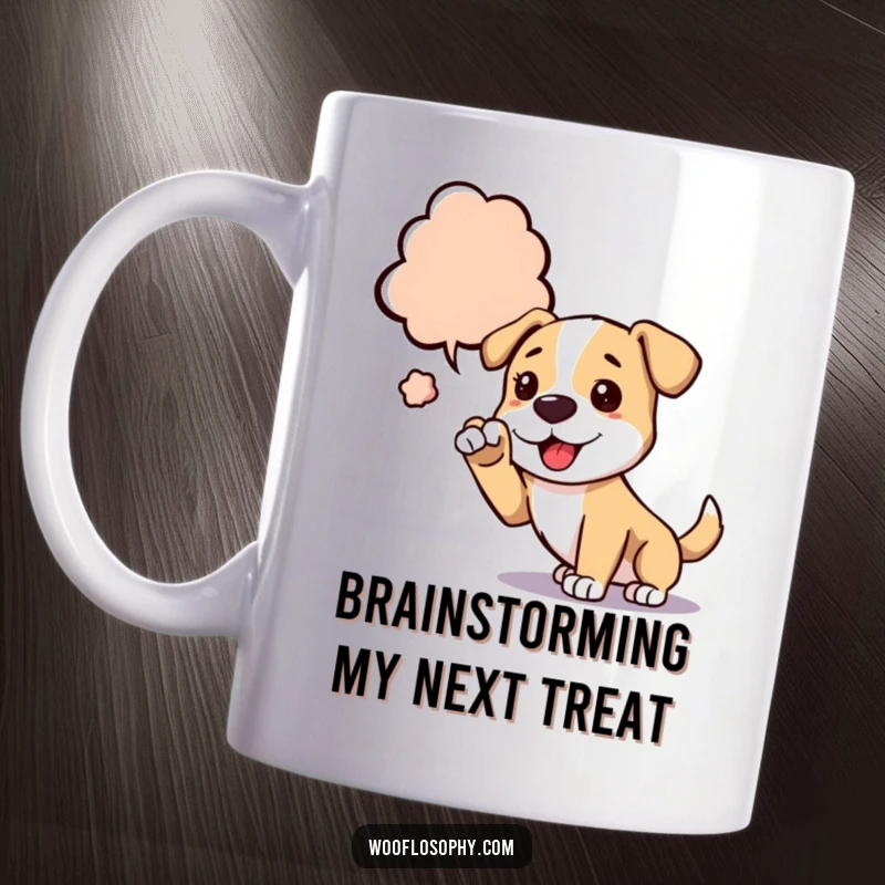 Funny dog mug featuring a dog reaching a paw towards an abstract thought bubble, representing ideas and creativity.
