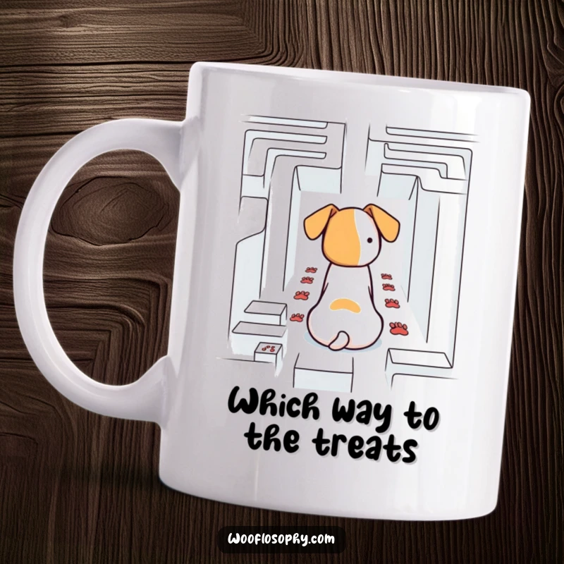 Funny dog contemplating a complex maze, with paw prints leading in multiple directions, looking confused, on a mug.