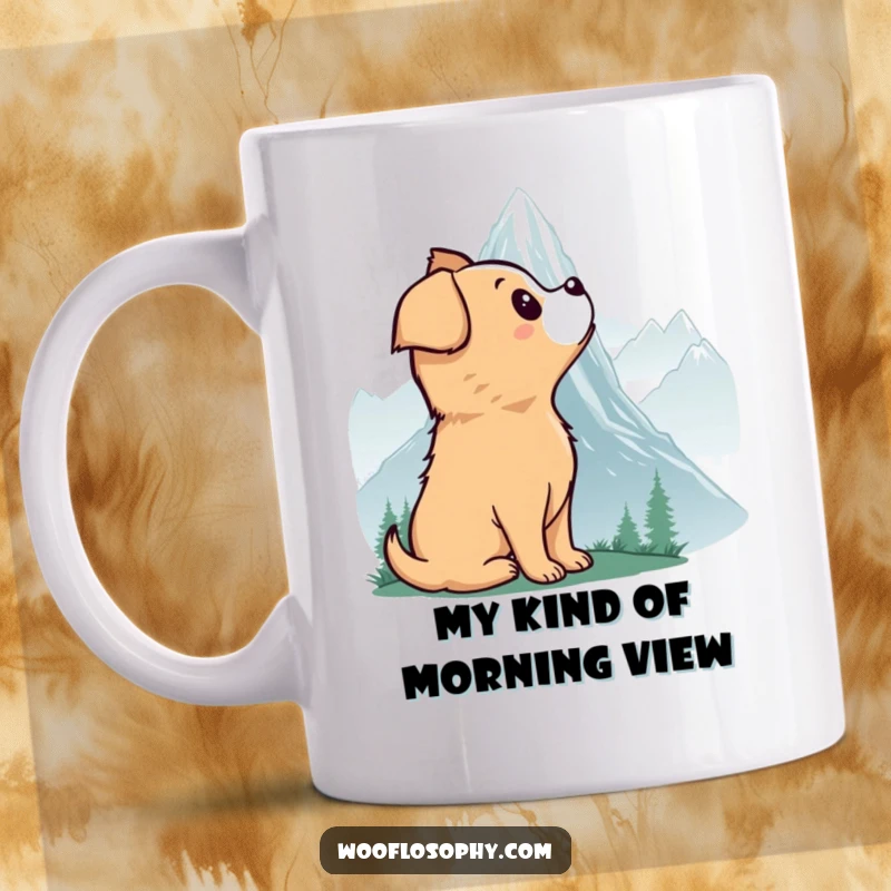 Funny mug featuring a dog gazing in awe at a massive, misty mountain, embodying pure wonder and a love for adventure.