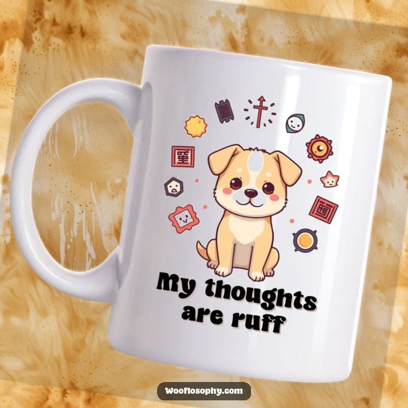 Funny dog mug with a curious canine surrounded by floating philosophical symbols like question marks and atoms, looking thoughtful.