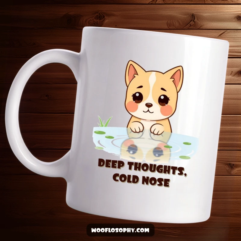 Funny mug showing a dog character gazing thoughtfully at a pond with subtle ripples, exuding a reflective mood.