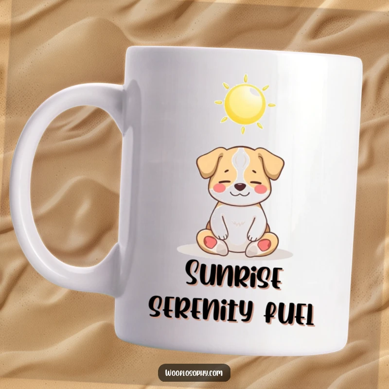 Funny Dog Mug featuring a dog meditating peacefully under a bright, shining sun, radiating calm and zen-like energy.