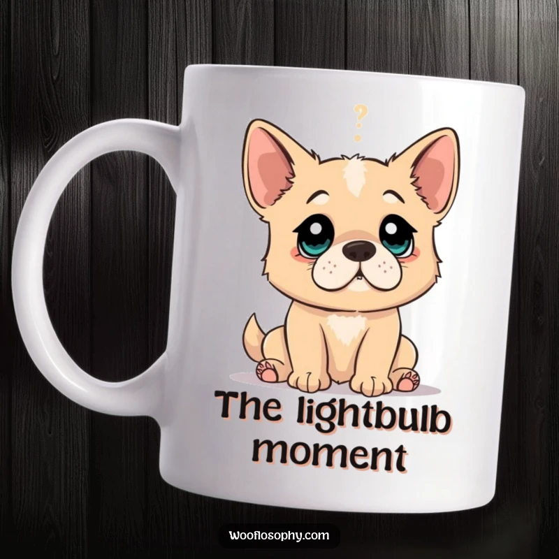 Funny mug showing a dog with wide eyes, having just discovered a profound and humorous truth.