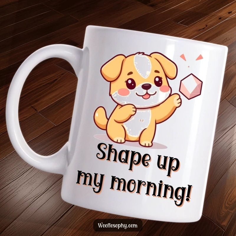 Funny Kawaii dog pointing with curiosity at a simple geometric shape, conveying playful wonder and intellectual exploration.