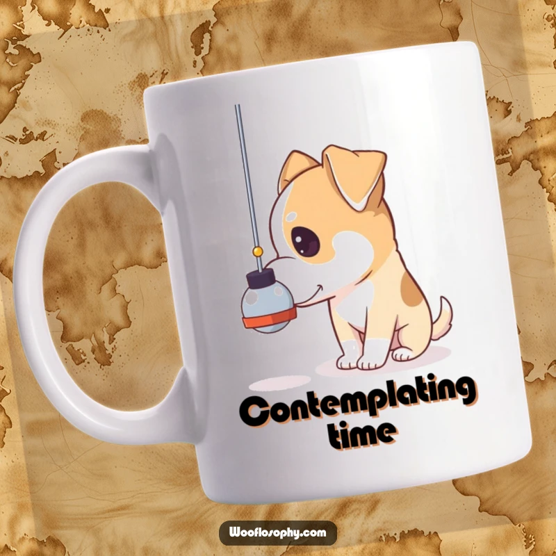 Funny pensive dog mug, a dog gazing thoughtfully at a swinging pendulum, symbolizing contemplation and time.