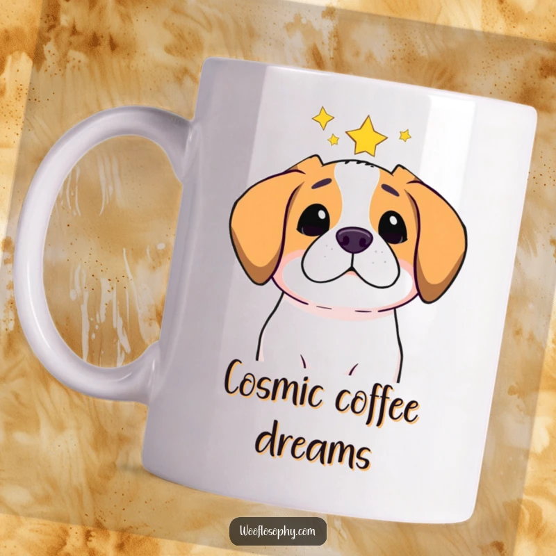 Funny mug showing a dog gazing thoughtfully at a starry night sky, embodying wonder and comedic contemplation.