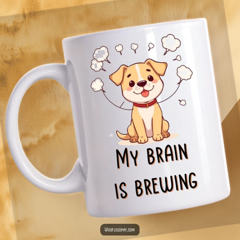 Funny mug showing a dog connecting scattered thought bubbles with strings, representing creative connection.