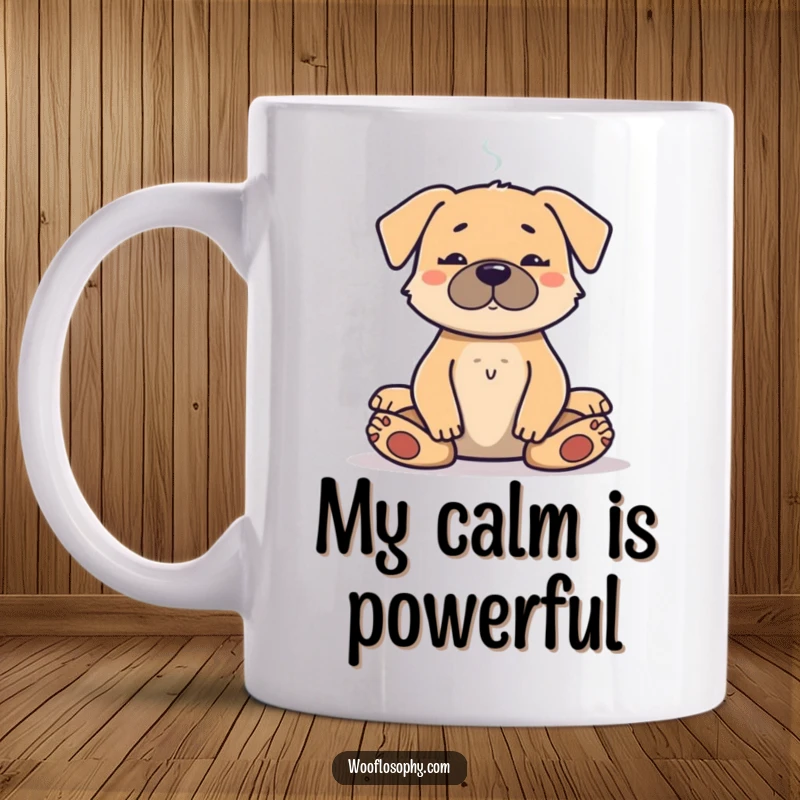Funny mug showing a dog meditating peacefully with smoke swirling upwards, embodying serene relaxation and humor.