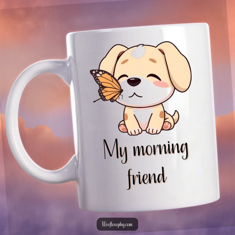 Funny dog mug showing a gentle dog with a butterfly perched peacefully on its nose, representing tranquility.
