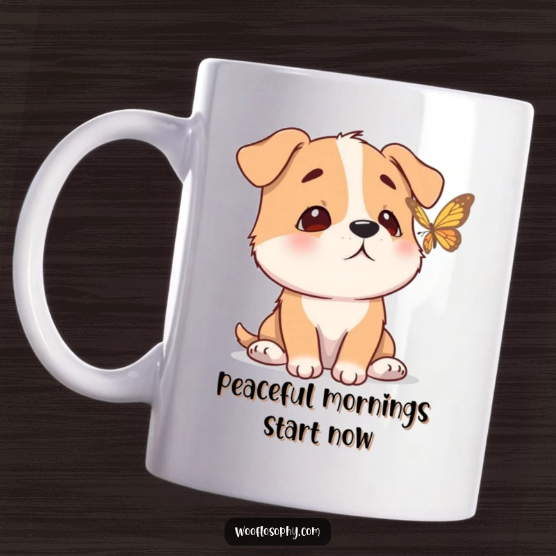 Funny mug featuring a dog with a calm, serene expression, peacefully watching a butterfly flutter by.