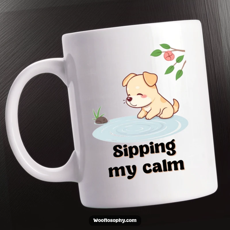 Funny dog mug showing a contented dog sighing while watching ripples on a calm pond, representing peace.