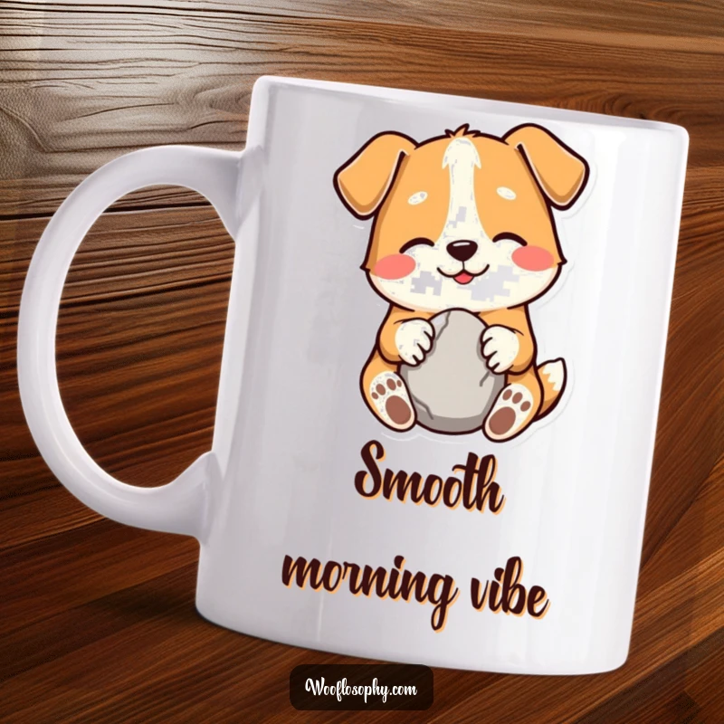 Funny mug featuring a smiling dog character gently holding a smooth stone, symbolizing contentment and simple joys.