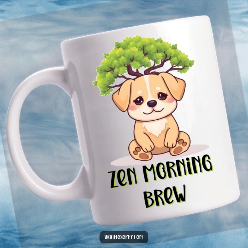 Funny zen dog mug: a calm dog meditates peacefully under a miniature tree, embodying tranquility and inner peace.