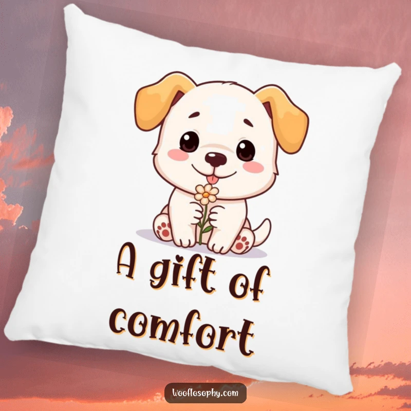 Funny dog pillow, a dog smiles gently while presenting a small flower, adding cozy humor to decor, perfect gift.