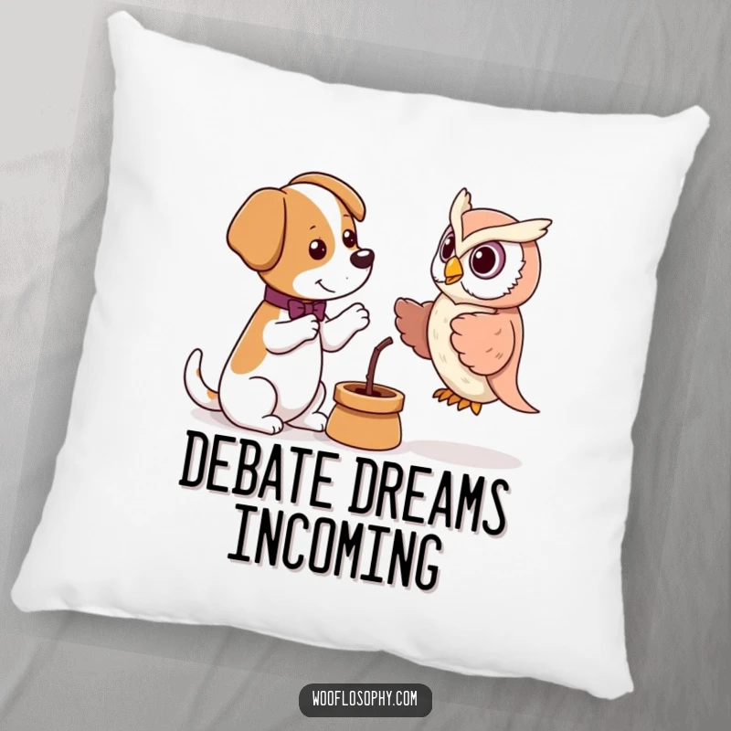Funny pillow showcasing a dog debating an owl puppet, providing cozy humor and intellectual comfort for any room.
