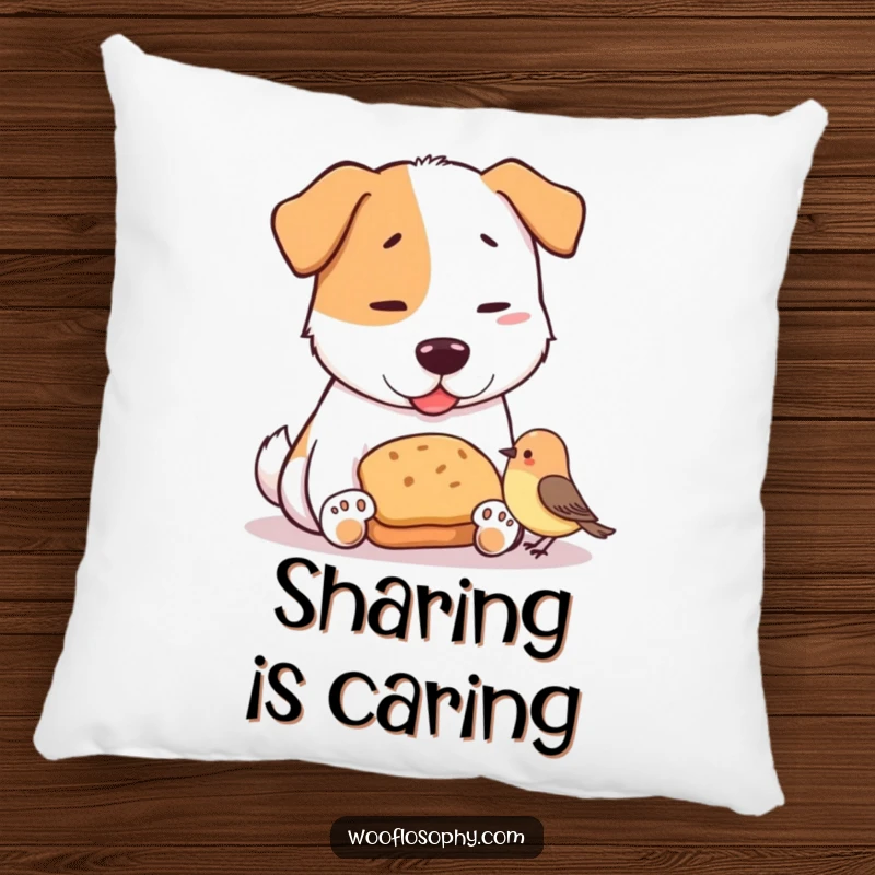 Funny pillow showcasing a dog and a tiny bird in a sweet, humorous moment of sharing a small loaf of bread.