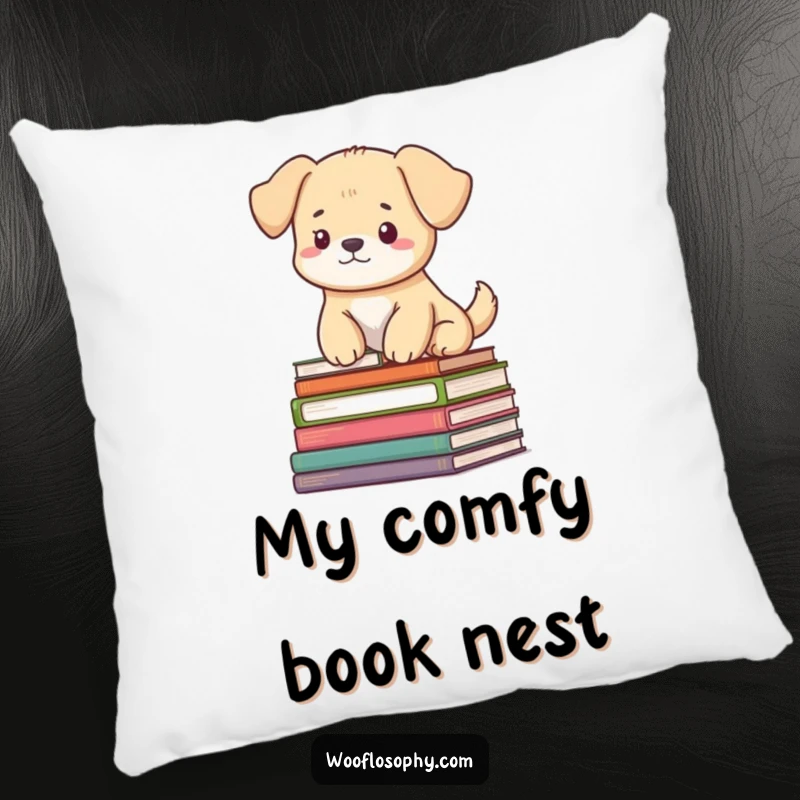 Funny pillow: a dog sitting peacefully on a large pile of books, exuding an aura of deep serenity.