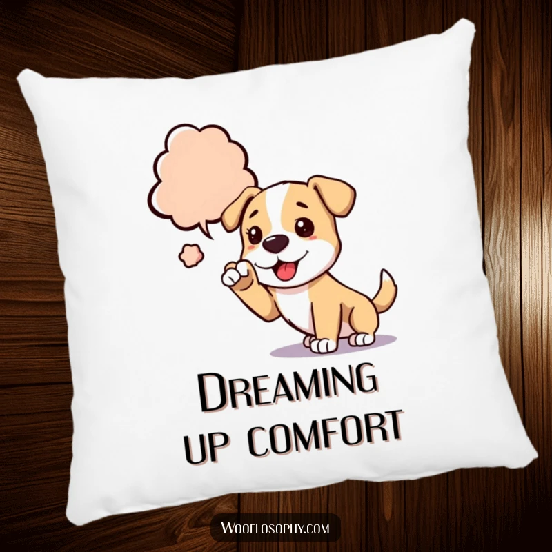 Funny dog pillow with a dog reaching for a thought bubble, providing comfort and humorous creative inspiration.