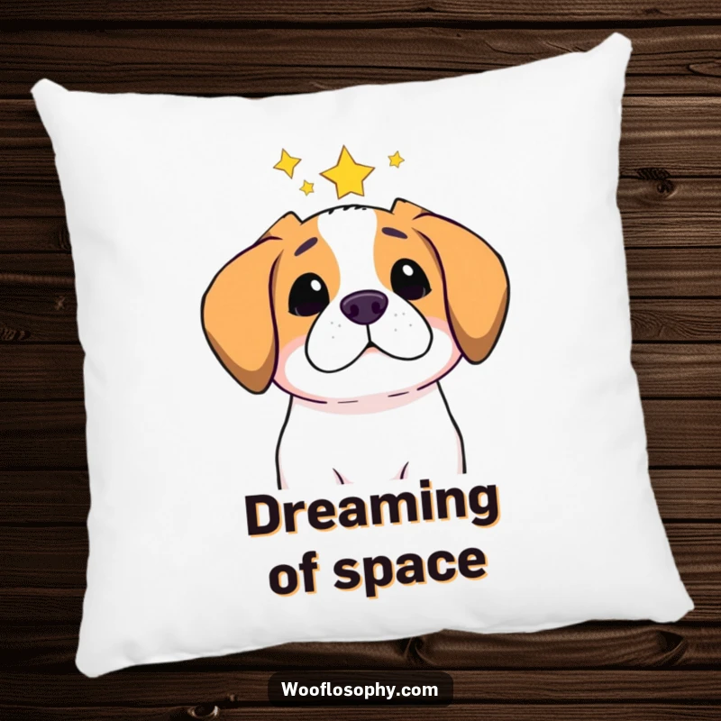 Funny pillow featuring a dog gazing at a starry sky with a thoughtful expression, offering cozy humor and cosmic dreams.