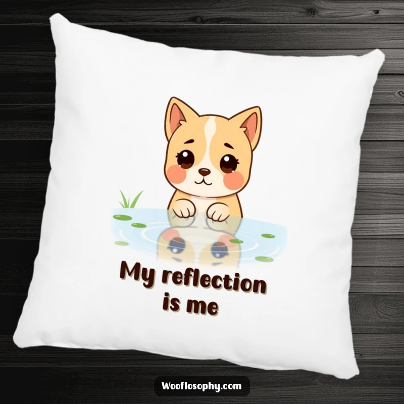 Funny pillow showcasing a dog character gazing into a rippling pond with a peaceful and reflective demeanor.
