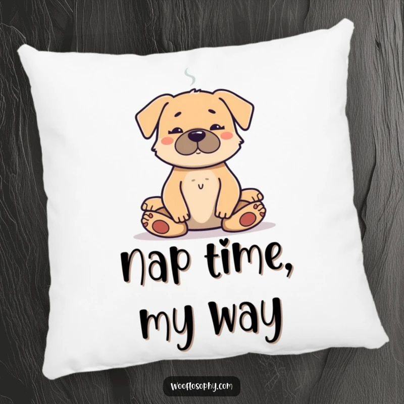 Funny pillow featuring a dog in serene meditation with smoke curling upwards, bringing cozy humor and relaxation.